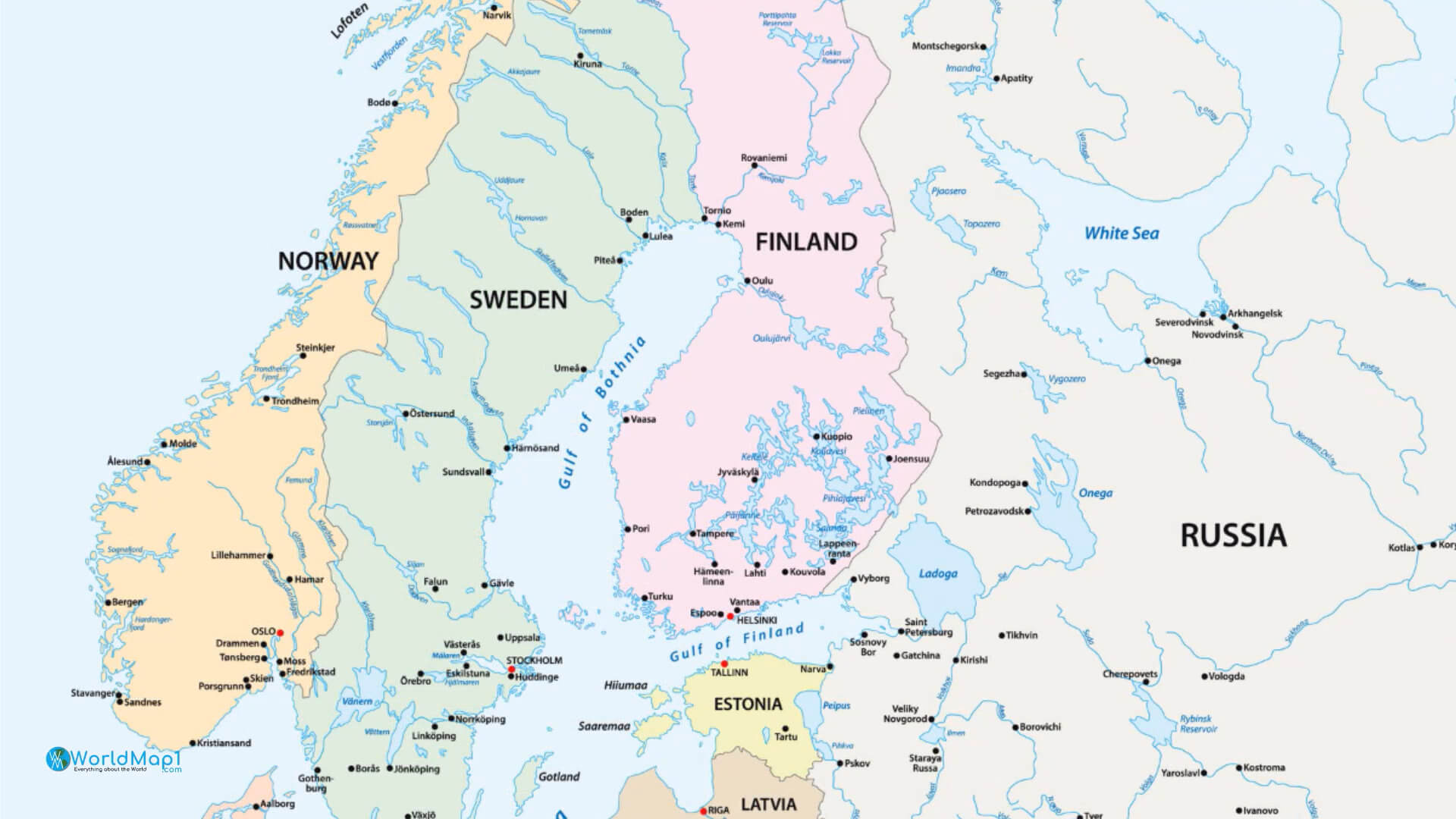 Scandinavian and Baltic Countries Map with Russia